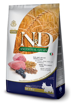 N&D LOW GRAIN DOG LAMB & BLUEBERRY ADULT MINI 2,5 KG
Низькозерновий сухий корм для собак дрібних порід (ягня / чорниця), 2,5 кг, фото 1