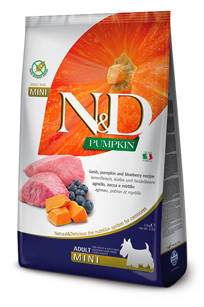 N&D GRAIN FREE PUMPKIN DOG LAMB & BLUEBERRY ADULT MINI 2,5 KG 
Беззерновий сухий корм для собак дрібних порід (гарбуз / ягня /