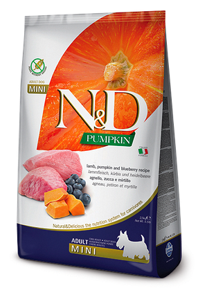 N&D GRAIN FREE PUMPKIN DOG LAMB & BLUEBERRY ADULT MINI 2,5 KG
Беззерновий сухий корм для собак дрібних порід (гарбуз / ягня /, фото 1