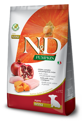 N&D GRAIN FREE PUMPKIN DOG CHICKEN & POMEGRANATE PUPPY MINI 800 GR
Беззерновий сухий корм для цуценят дрібних, фото 1