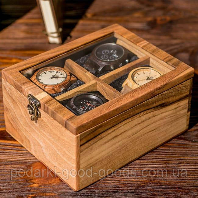 Скринька для годинників дерев'яна зі скляною кришкою 4 відділення ЕВ-2.1