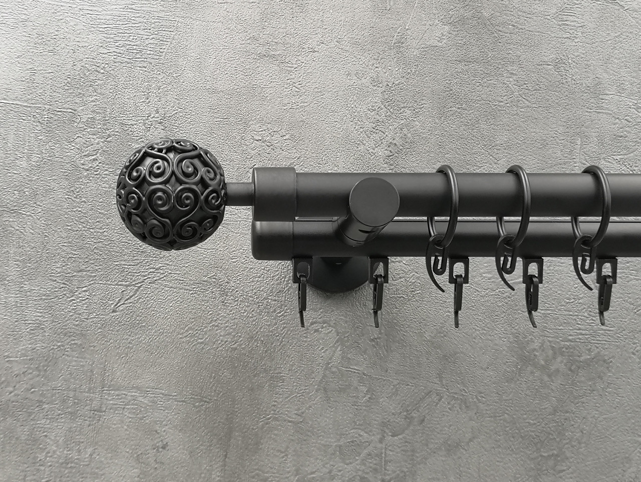 Карниз Quadrum Орієнтал 300 см подвійний чорний матовий універсальний 19/19 мм гладка/імпресійна (кільця з гачками), фото 1