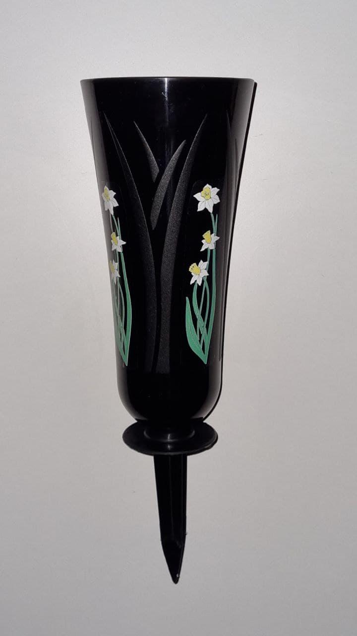 Ваза пластиковая РД-ПЛАСТ поминальная с декором "Нарцисс", с колышком для фиксации в грунт чёрная Чёрный - фото 1 - id-p1578806662