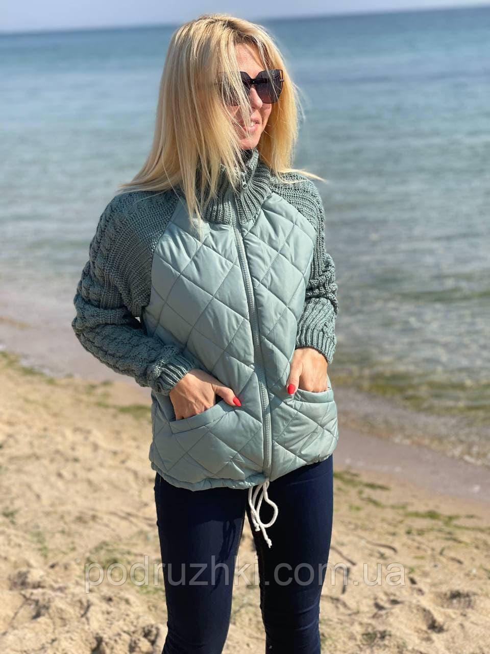 Жіноча куртка з в'язаними рукавами на синтепоні, розміри 42-46, 48-52, 54-56, фото 1