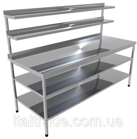 Стіл виробничий з нержавіючої сталі з бортом, двома верхніми та двома нижніми полицями, фото 1