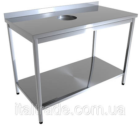 Стіл виробничий з нержавіючої сталі з бортом, отвором для харчових відходів та нижньою полицею, фото 1