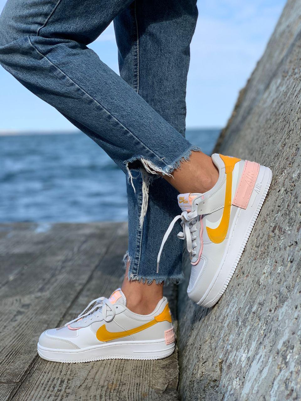 Жіночі кросівки Nike Air Force Shadow White/Grey/Orange | Найк Аір Форс Шадов Білі Сірі