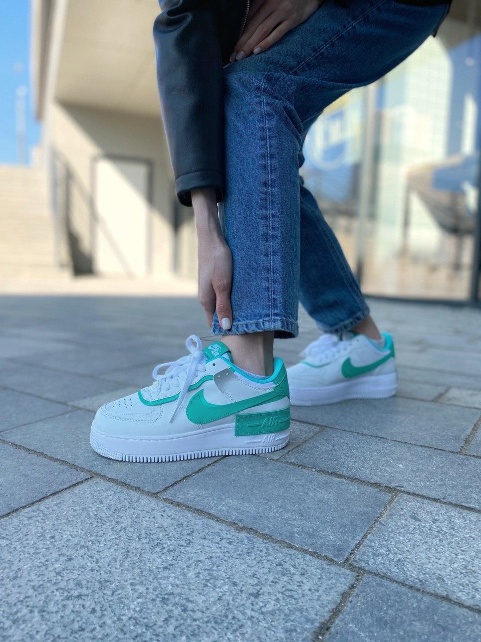Жіночі кросівки Nike Air Force Shadow White Green | Найк Аір Форс Шадов Білі Зелені