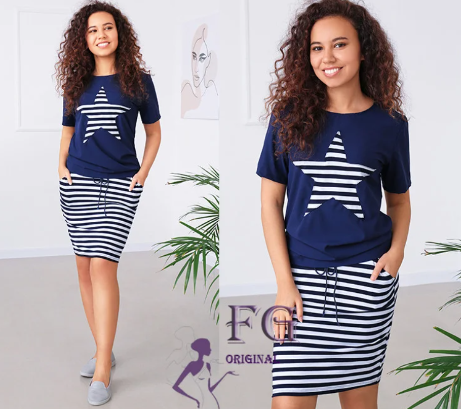 Костюм на лето из футболки и юбка с двумя карманами, фото 1