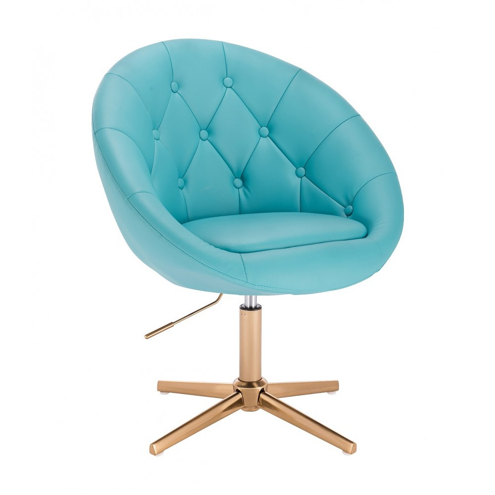 Перукарське крісло на пневматиці НС8516К бірюзовий на золотій основі, гудзики