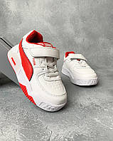 Детские белые с красным кроссовки Puma для девочки и для мальчика на липучке. 29 размер