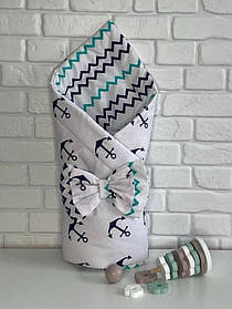 Двосторонній конверт – ковдра весна/осінь для урочистої виписки та прогулянок Хвиля Lari Білий з синім