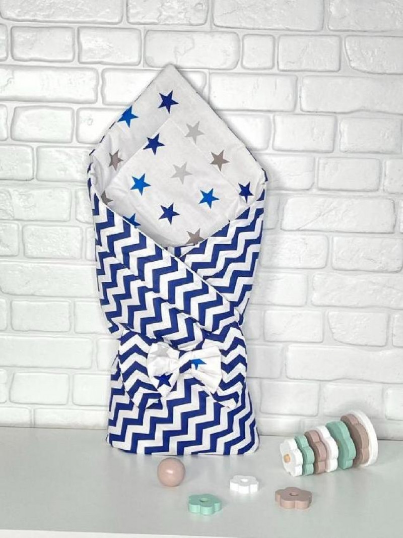 Двосторонній конверт – ковдра весна/осінь для урочистої виписки та прогулянок Хвиля Lari Синій з білим, фото 1