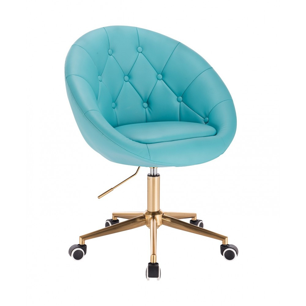 Перукарське крісло на пневматиці НС8516К бірюзовий на золотій основі, гудзики