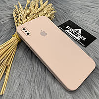 Чехол КВАДРАТНЫЙ Silicone case для iPhone X Xs 5.8 с закрытым низом и камерой cover full camera 360 9. Pink sand