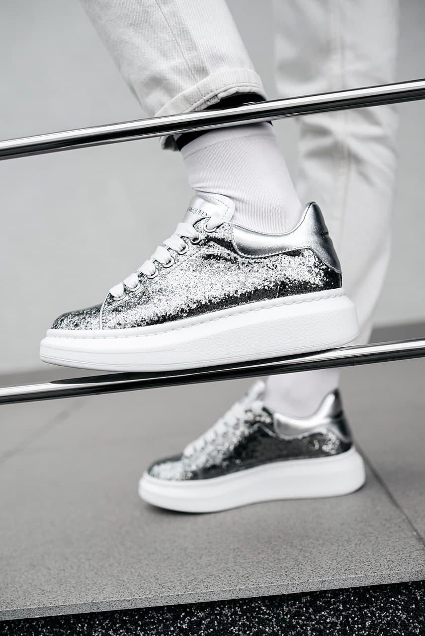 Кросівки жіночі Alexander McQueen Glitter сріблясті шкіряні кеди повсякденні демісезонні