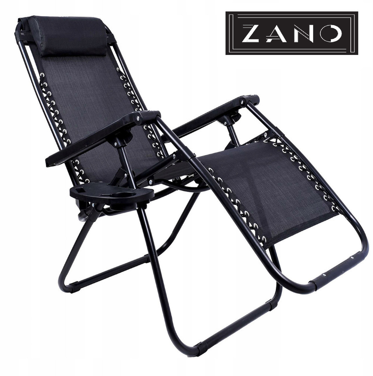 Садовый Шезлонг Лежак ZANO ZERO GRAVITY BLACK с полкой для напитков Складное Пляжное Кресло до 120 кг