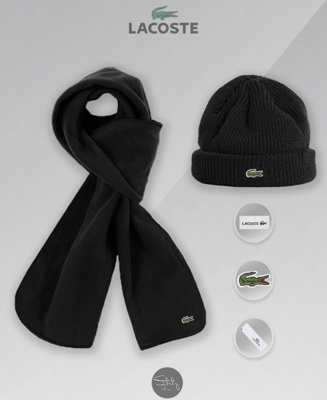 Зимовий комплект шапка і шарф Lacoste (black), чорна шапка Лакосте