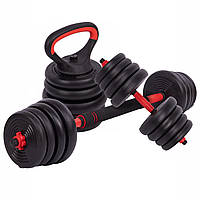 Набір гантелей зі штангою та гірей 3в1 багатофункціональний Zelart LN-1100-30 вага 30 кг чорний-червоний