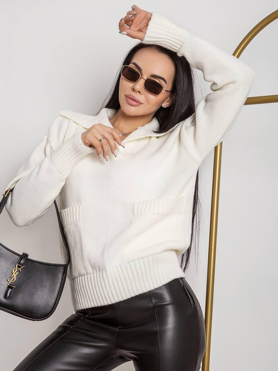 Светр жіночий теплий в'язаний із кишенями та коміром, фото 1