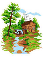 Набір для вишивання нитками хрестом "Будиночок у лісі" нитки, муліне, канва, голка, канва з малюнком