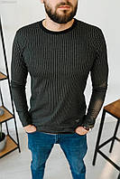 Мужской полосатый лонгслив весенний из коттона футболка с длинными рукавами черного цвета