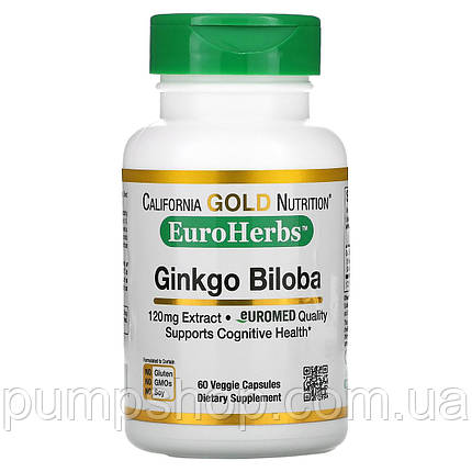 Гінкго Білоба California Gold Nutrition EuroHerbs Ginkgo Biloba 120 мг 60 капс., фото 2