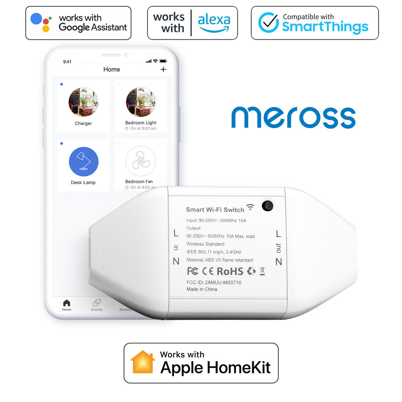 Розумне реле Meross Smart Wi-Fi Switch (MSS710HK) Apple HomeKit, Amazon Alexa, Google Assistant, SmartThings