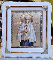 Ікона Свята Єлизавета в білому дерев'яному фігурному кіоті під склом з декоратив.куточками. Кіот 24×21,лик15×18