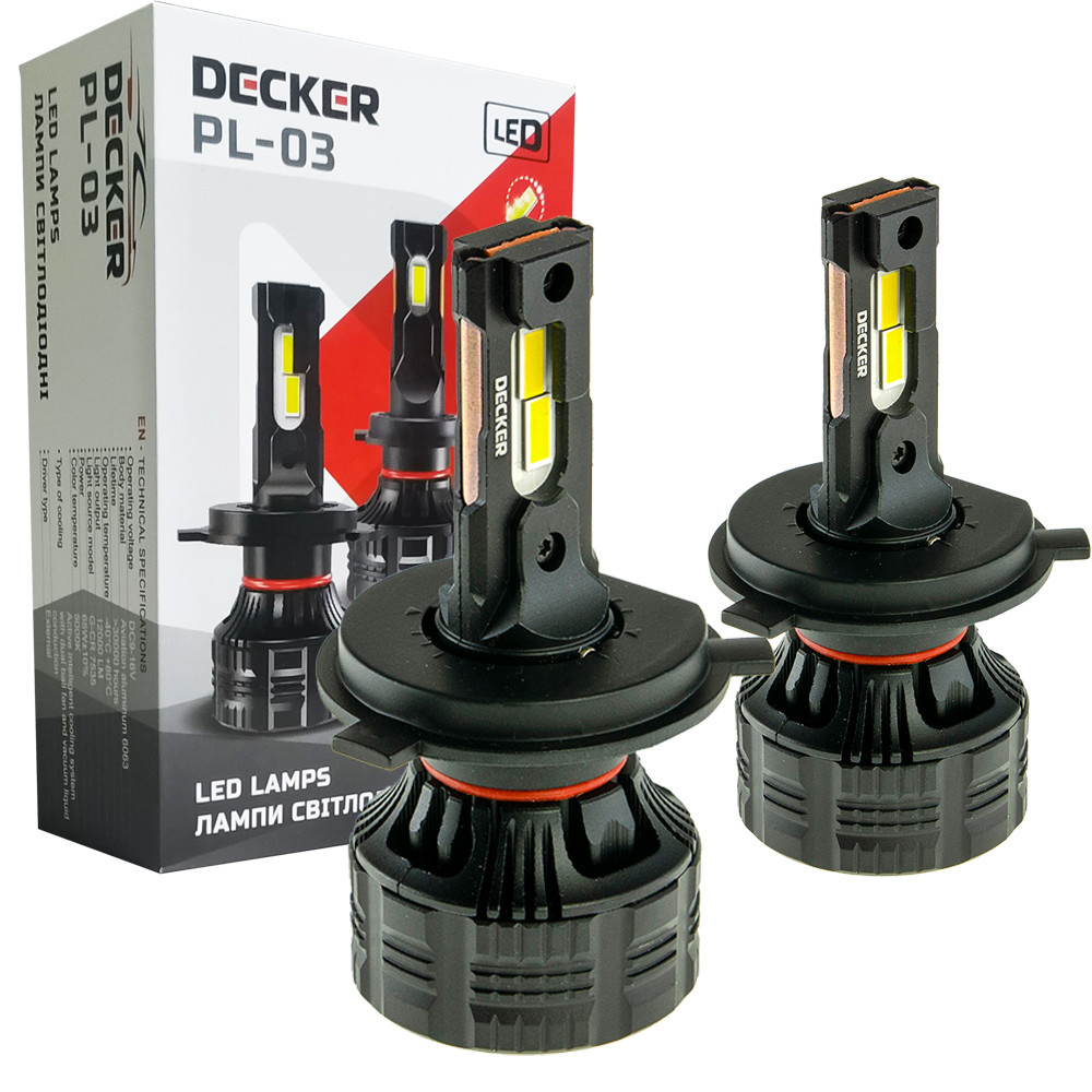 Лампа світлодіодна для фар DECKER LED PL-03 H4 5000K 12000LM 2 шт комплект, фото 1