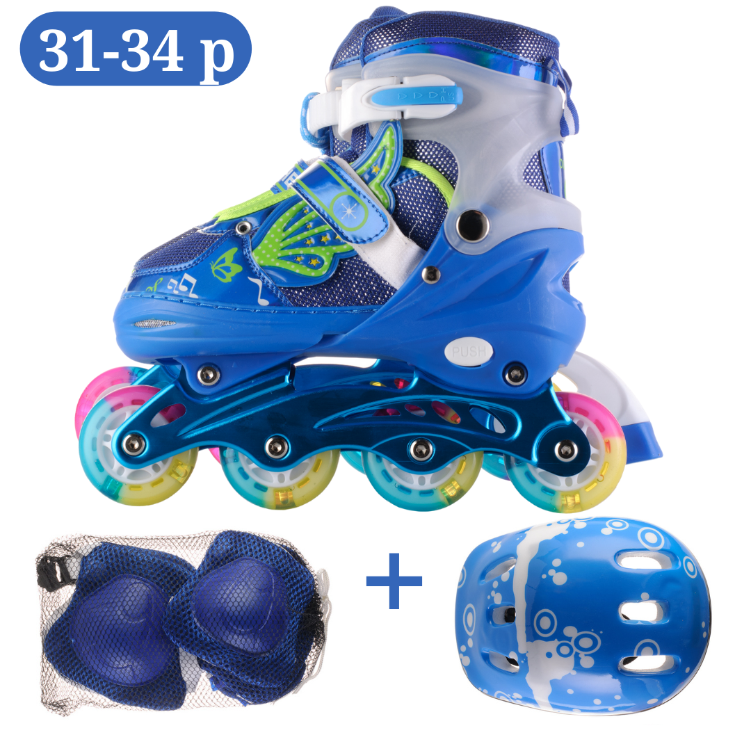 Дитячі ролики розсувні із захистом і шоломом комплект 31-34 р блакитні, ковзани роликові на 4 колеса (А512)