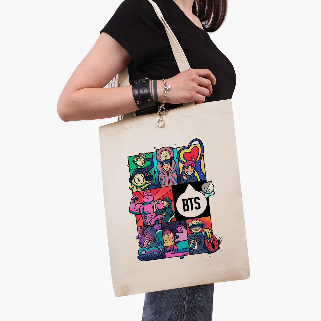 Еко сумка БТС (BTS), шопер з принтом бежевий саржа, фото 1