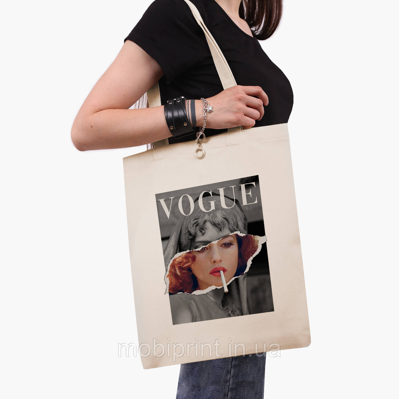 Еко сумка Ренесанс Моніка Беллуччі (Renaissance Monica Bellucci), шопер з принтом бежевий саржа