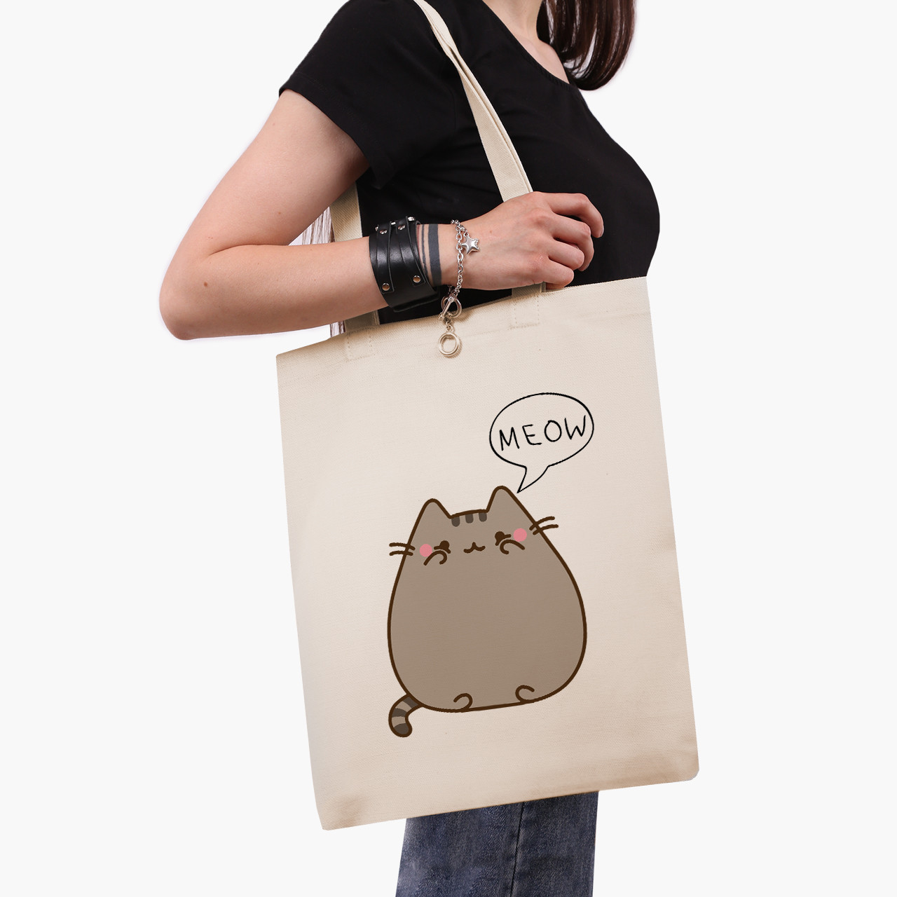 Еко сумка Кіт Пушин (Pusheen Cat), шопер з принтом бежевий саржа