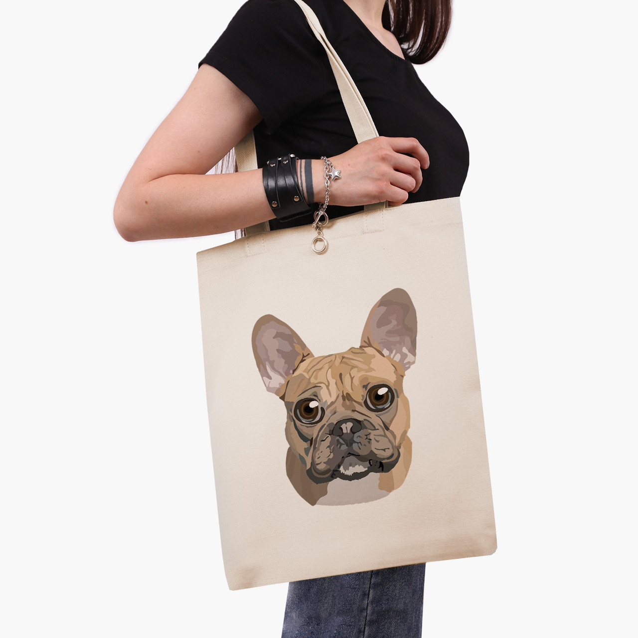 Еко сумка Французький бульдог, шопер з принтом бежевий саржа