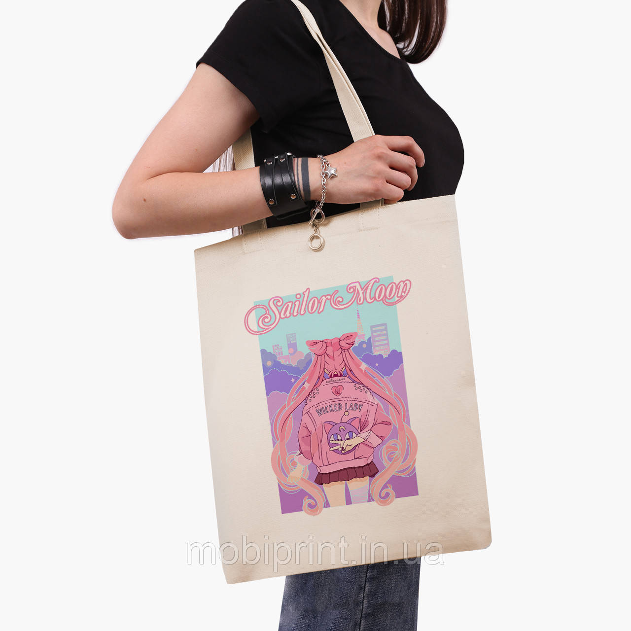 Еко сумка Сейлор Мун (Sailor Moon) (9227-2913-BG) бежева з широким дном