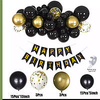 Арка из шаров с гирляндой Happy Birthday "Чёрное золото"