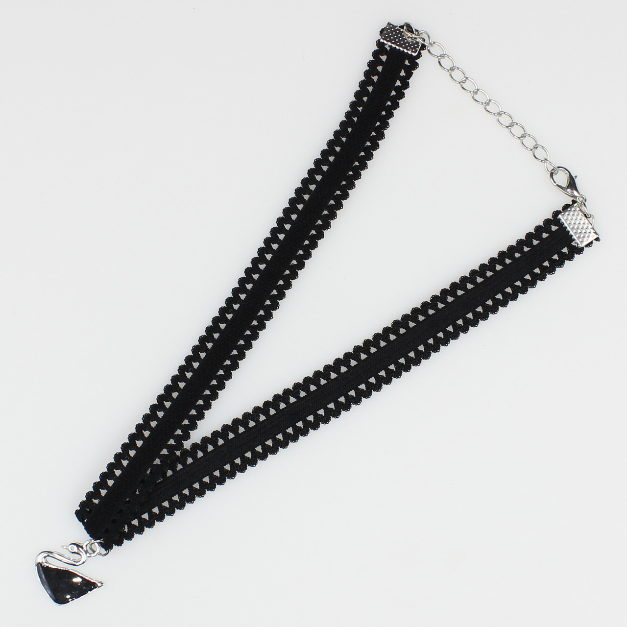 Чокер широкий на шию чорний ажурний із підвіскою чорний лебідь з подовжувачем довжина 30 см