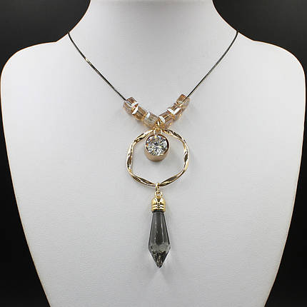 Кольє на металевій золотистій чорній ланцюжку з жовтими намистинами з підвіскою кристал довжина 70 см, фото 1