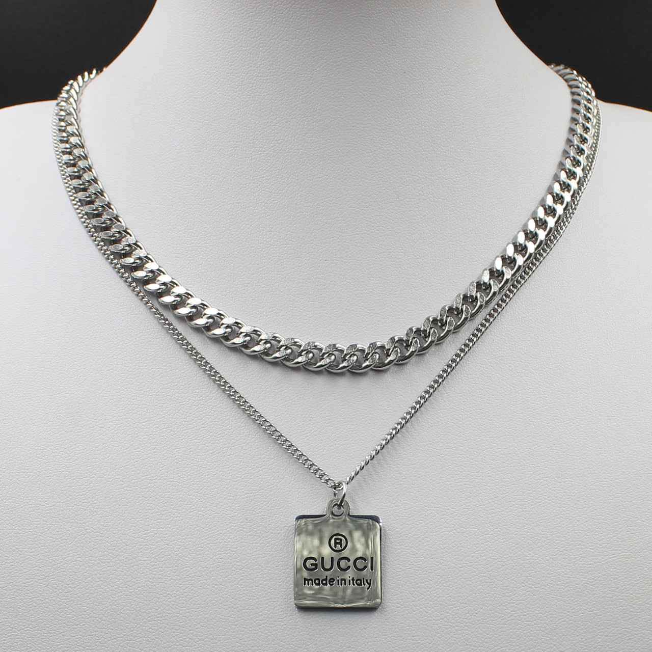 Ланцюг унісекс сріблястого кольору двошаровий Stainless Steel з кулоном застібка карабін довжина 55 см