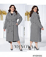 Модное двубортное шерстяное пальто oversize с подкладкой с принтом гусиная лапка с поясом с 46 по 68 размер