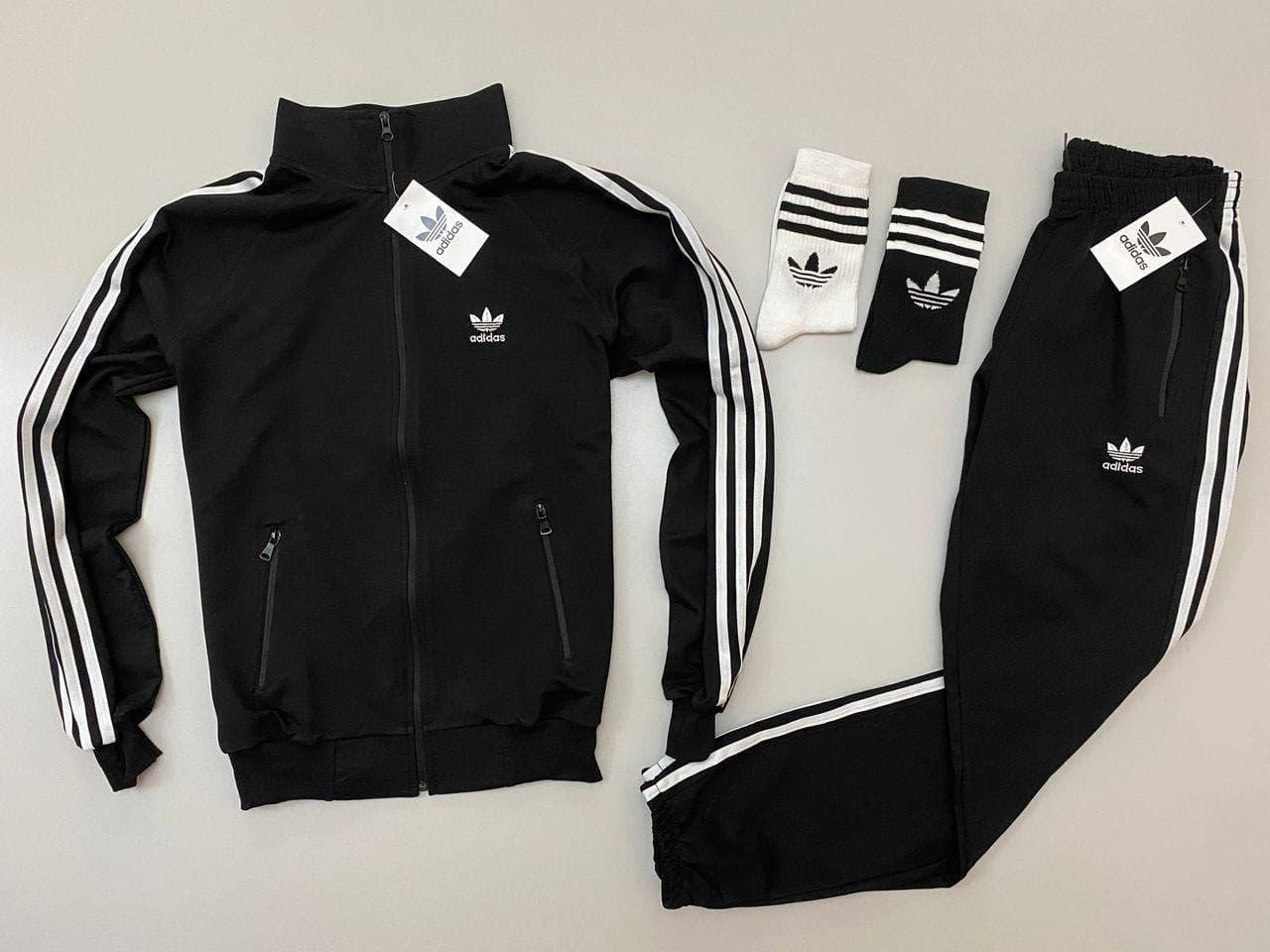 Чоловічий костюм Adidas Кофта на змійці + Штани + Шкарпетки у подарунок чорний без капюшона Адідас весняний осінній