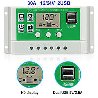 30А 12/24В Контролер заряду для солнячних батарей (модулів) ШИМ (PWM) з Дисплеєм + 2USB