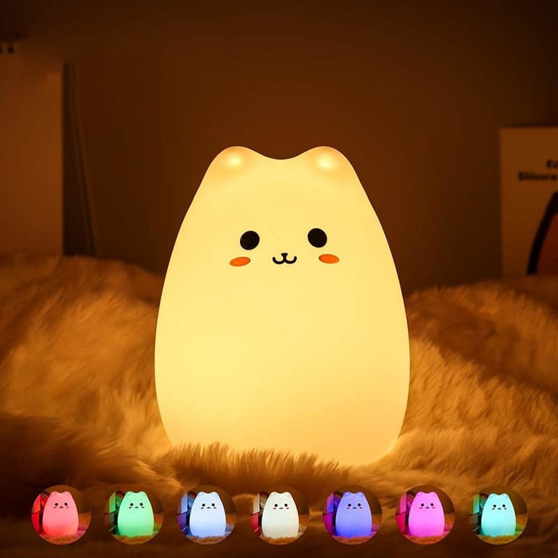 Світильник нічник світлодіодний LED силіконовий дитячий котик 7 режимів кольорів