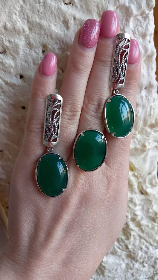 Срібний комплект із зеленим агатом, фото 1