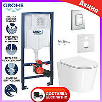 Унитаз подвесной Jess Rimless сиденьем микролифт + инсталляция Grohe Rapid SL 38772001