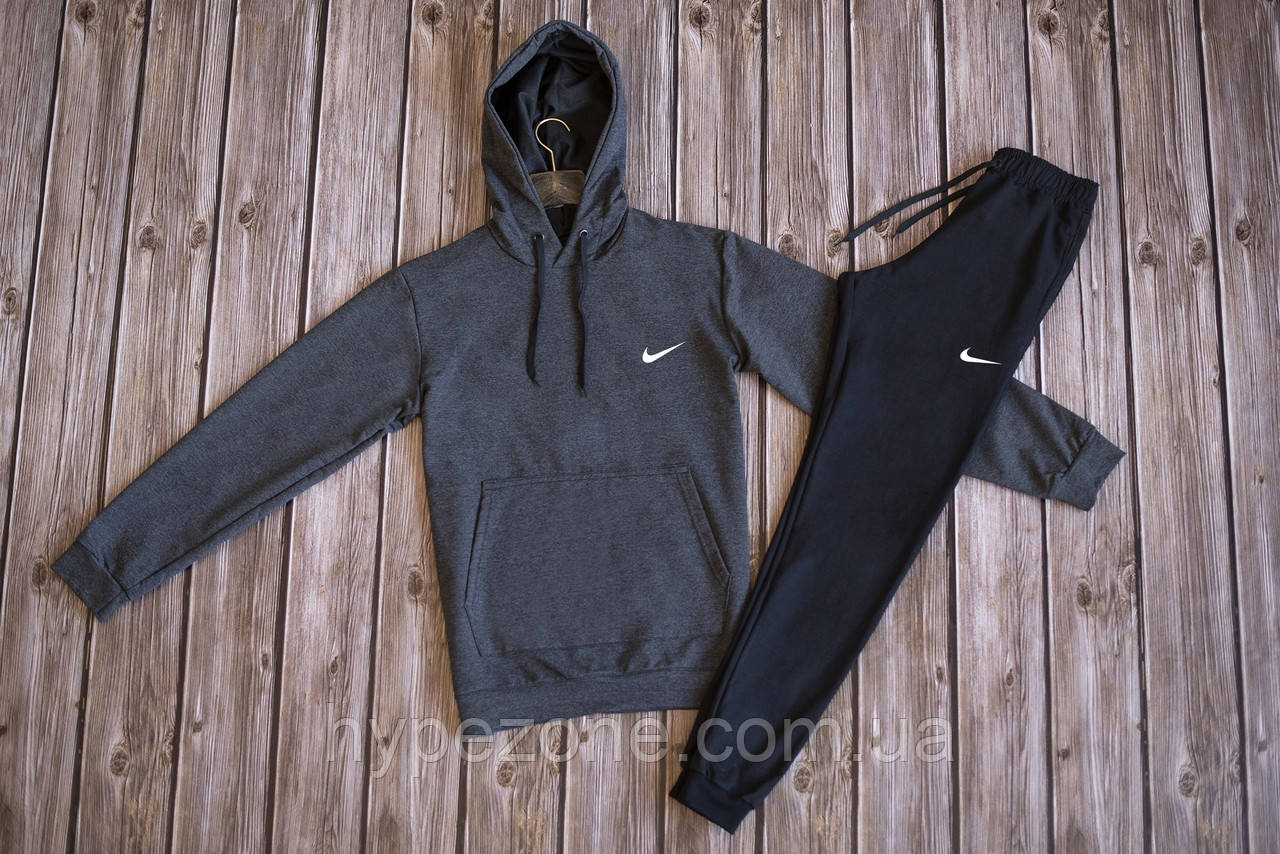 Чоловічий спортивний костюм NIKE з капюшоном темносіраТолстовка з лого Найк трикотажні штани NIKE на манжетах