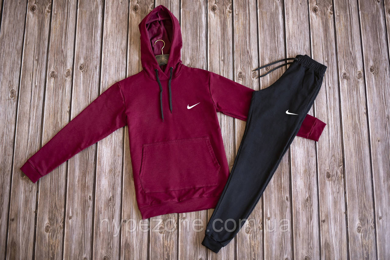 Чоловічий спортивний костюм NIKE з капюшоном темно-червона Кофта з лого Найк трикотажні штани NIKE на манжетах