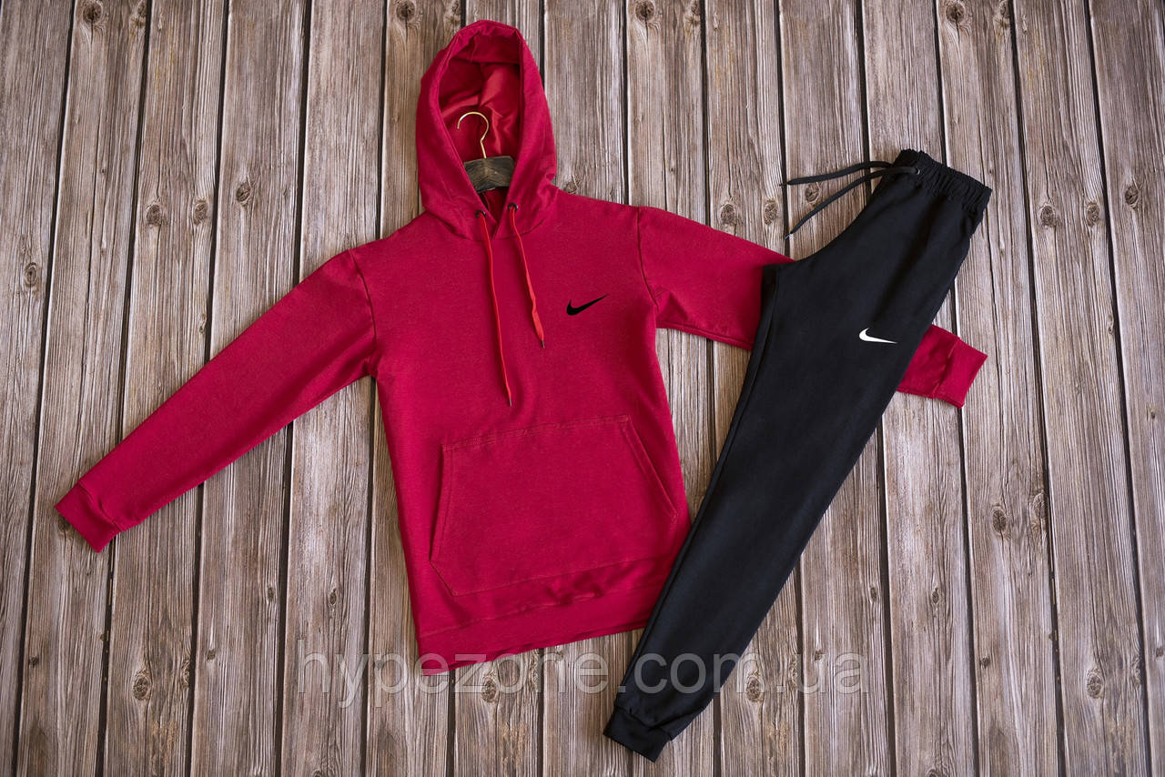Чоловічий спортивний костюм NIKE з капюшоном червоне Кенгурушка з лого Найк трикотажні штани NIKE на манжетах