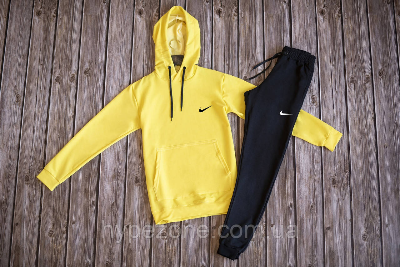 Чоловічий спортивний костюм NIKE жовта Кофта з капюшоном з принтом Найк трикотажні штани NIKE на манжетах